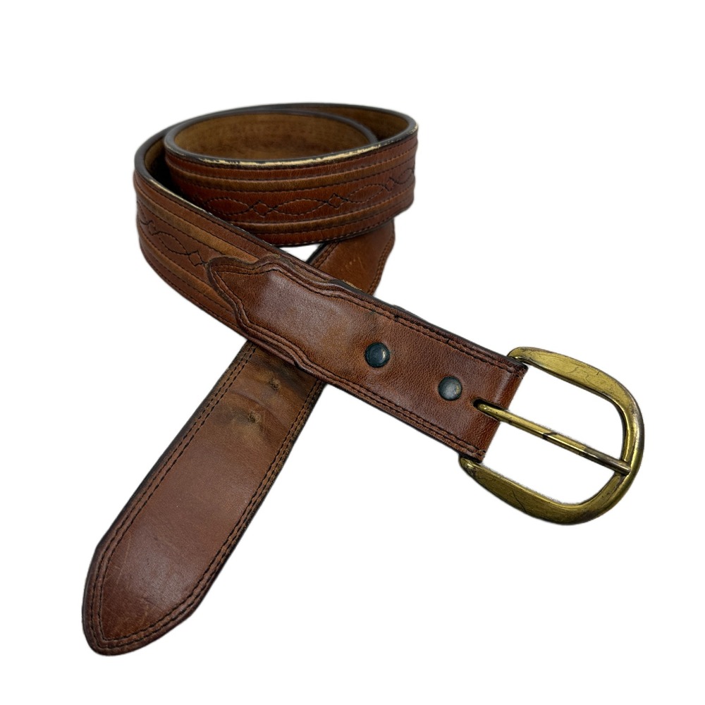 Larry Mahan Belt Mens 36 Brown Leather Brass Buckle Western Cowboy Ranch 1.25"